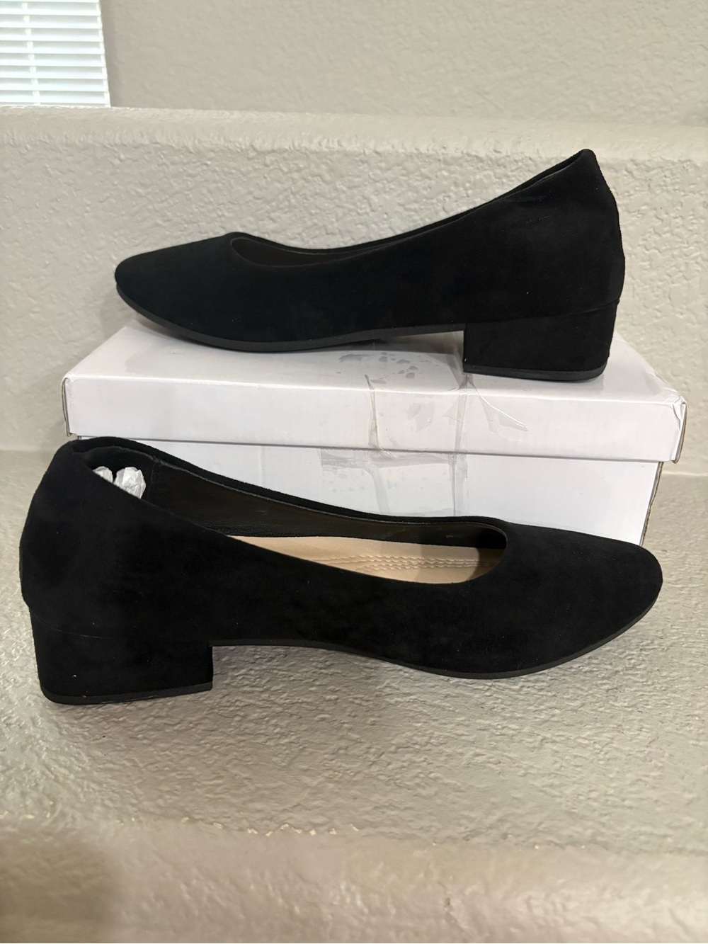 Classic Black Suede Low Block Heel Pumps - Women's